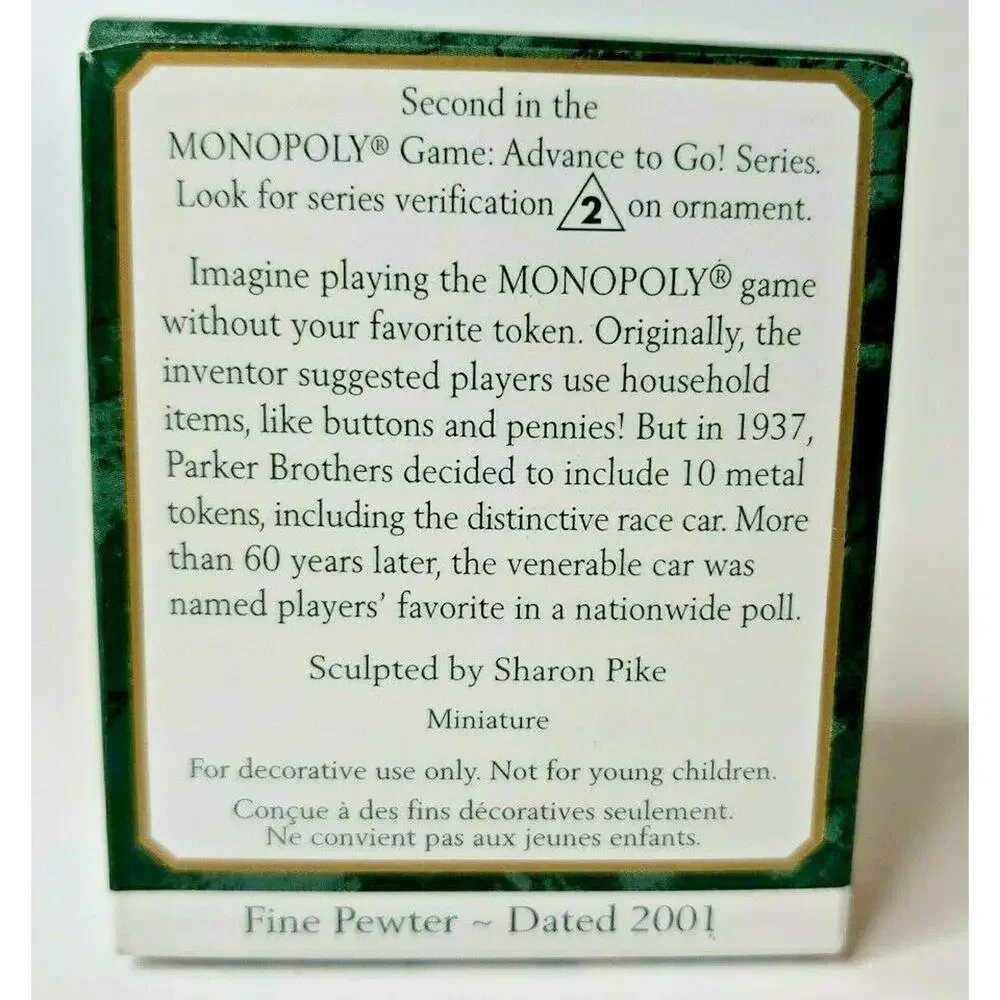 2001 Hallmark Monopoly Miniature-Race Car,Game Advance To Go Ornament‎ U119/5292